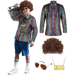 Sintege 4 قطع زي ديسكو للأطفال للأولاد 70s 80s قمصان ترتر شعر مستعار نظارات ديسكو قلادة لحفلات الهالوين التنكرية in Kuwait