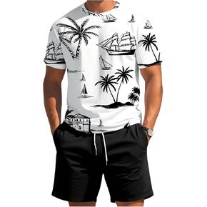 Men's 2 Piece Outfits Tropical Graphic Short Sleeve T-Shirt and Drawstring Waist Shorts Sets
