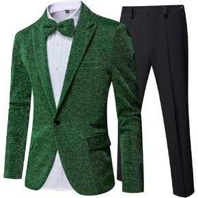 Mens Tuxedo Suits Slim Fit 2 Piece Shiny Suit Jacket Pants Outfit Set
