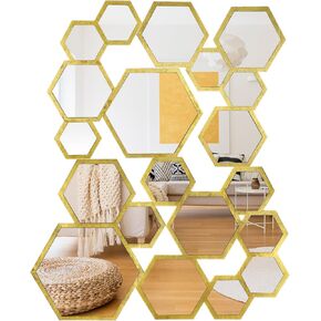 Yookeer 20 Pcs Wall Decor Mirror Gold Hexagonal Mirror Modern Decorative Wall Mirror Honeycomb Removable Acrylic Mirror Wooden Framed for Living Room Bedroom Home Entryways Decoration, 31.5 x 21.6 in