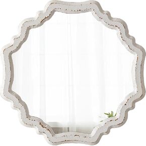 Rustic Scalloped White Round Mirrors for Wall Decor Living Room 15.7 Inch, Hanging Vintage Wooden Circle Vanity Mirror for Bathroom, Handmade Distressed Farmhouse Wavy Entryway Mirror