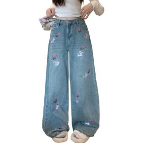Women's Denim Pants Y2K Jeans Retro Embroidered Pattern Printed Loose Casual Jeans Straight Leg Pants
