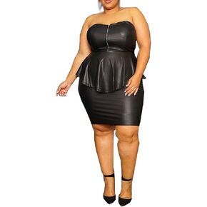 Sexyshine Women's Plus Size 2 Piece PU Leather Outfits Bodycon Zipper Up Ruffle Tube Top and Faux Leather Skirt Dress Sets