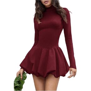 Women's High Neck Mini Bubble Dress Long Sleeve Ruffle Hem Bodycon Party A Line Dresses
