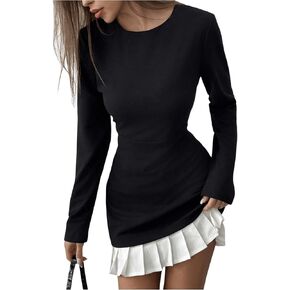 MakeMeChic Women's Long Sleeve Colorblock Dresses Ruffle Hem Pleated Bodycon Mini Dress