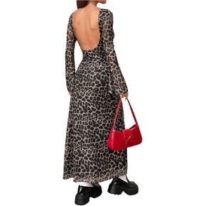 MakeMeChic Women's Leopard Print Mesh Backless Long Sleeve Maxi Dresses Party Dress Bodycon