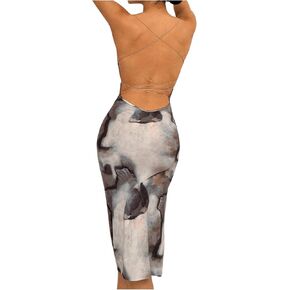 GORGLITTER Women's Tie Dye Backless Bodycon Dress Spaghetti Strap Cami Long Dresses with Slit