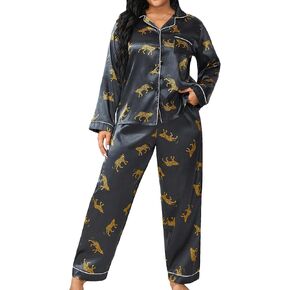 WDIRARA Women's Plus Size 2 Piece Satin Pajama Set Leopard Animal Print Long Sleeve Button Shirt and Pants Sleepwear
