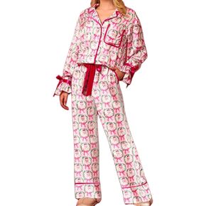 NUFIWI Christmas Bow Tie Front Pajamas for Women Cute Print Long Sleeve Shirts Pants 2 Pieces Xmas Satin Pjs Loungewear Sets