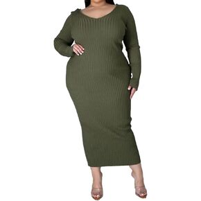 Women's Plus Size Sexy Stretchable Long Sleeve Maxi Sweater Off Shoulder Knit Slim Fit Dress