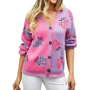 Women's Cute Strawberry Graphic Cardigan Sweaters Button Down Color Block Knit Jacket Trendy Y2K Aesthetic Preppy Clothes in Kuwait