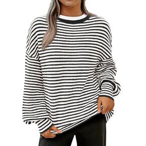 PRETTYGARDEN Women's Sweaters 2024 Puffy Long Sleeve Crewneck Soft Loose Pullover Tops Chunky Knitted Striped Sweater