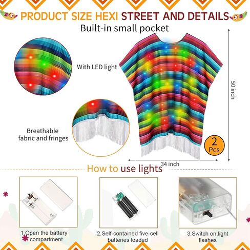LED Light Mexican Serape Poncho Mexican Fiesta Ponchos Cinco De Mayo Outfit for Adults Cosplay Party Supplies in Saudi Arabia