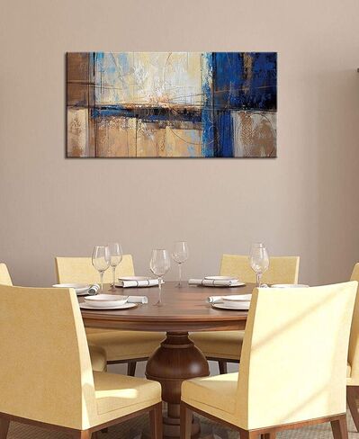 Pogusmavi كبير مجردة قماش جدار الفن ديكور لغرفة المعيشة مكتب البني الأزرق تحت عنوان صورة يطبع عمل فني كبير غرفة نوم المنزل الجدار الديكور، 24X48 in Kuwait