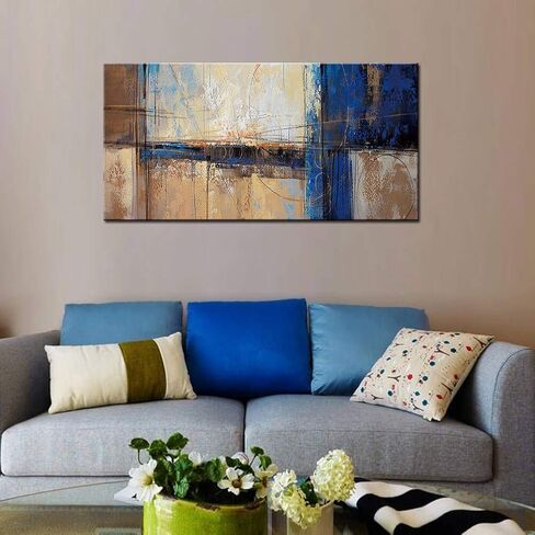 Pogusmavi كبير مجردة قماش جدار الفن ديكور لغرفة المعيشة مكتب البني الأزرق تحت عنوان صورة يطبع عمل فني كبير غرفة نوم المنزل الجدار الديكور، 24X48 in Kuwait