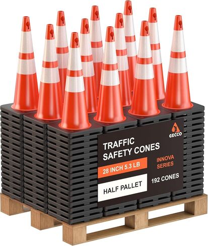 (8 Pack) GECCO ™ 28 Inch 5.3 Lb Traffic Cones with Chain Hole | Tall Orange Caution Road Safety Cone Set for School Parking, Driving Training, Construction | PVC Plastic & Black Base - Innova Series in Saudi Arabia
