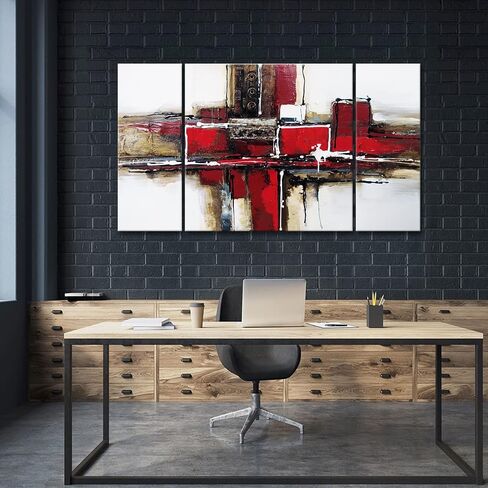 Noah Art-Red Abstract Wall Art for Living Room Wall Decor, 100% Handmade Paintings on Canvas, 3 Piece Stretched and Framed Modern Pictures for Rooms Office Home Decor, 24" High X 48" Wide in Kuwait