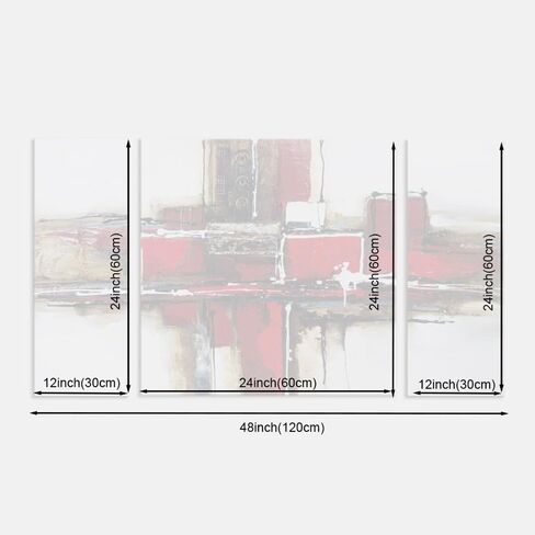 Noah Art-Red Abstract Wall Art for Living Room Wall Decor, 100% Handmade Paintings on Canvas, 3 Piece Stretched and Framed Modern Pictures for Rooms Office Home Decor, 24" High X 48" Wide in Kuwait