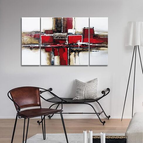 Noah Art-Red Abstract Wall Art for Living Room Wall Decor, 100% Handmade Paintings on Canvas, 3 Piece Stretched and Framed Modern Pictures for Rooms Office Home Decor, 24" High X 48" Wide in Kuwait
