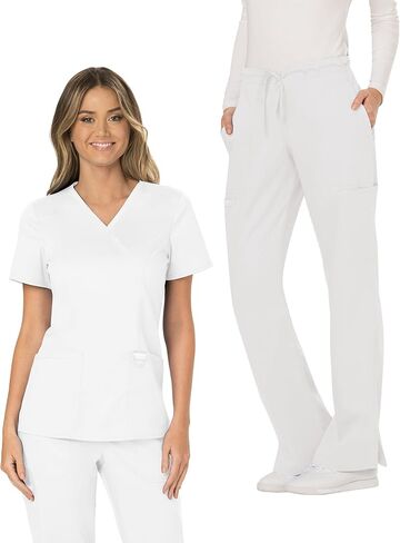 مجموعة شيروكي سكرب للنساء، بلوزة كلاسيكية عصرية ذات تصميم كلاسيكي WW610 مع سروال برباط متوسط ​​الارتفاع WW120، أبيض - قميص XL/بنطلون صغير الحجم XL in Kuwait