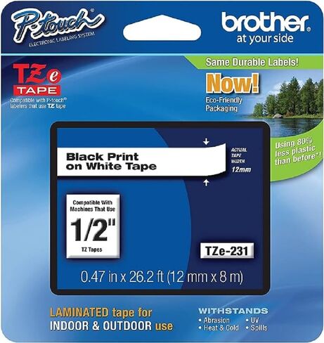 Brother Genuine P-Touch, TZe-231 2 Pack Tape (TZE2312PK) ½"(0.47") x 26.2 ft. (8m) 2-Pack Laminated P-Touch Tape, Black on White, Perfect for Indoor or Outdoor Use, Water Resistant, TZE2312PK, TZE231 in Kuwait