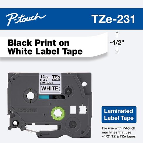 Brother Genuine P-Touch, TZe-231 2 Pack Tape (TZE2312PK) ½"(0.47") x 26.2 ft. (8m) 2-Pack Laminated P-Touch Tape, Black on White, Perfect for Indoor or Outdoor Use, Water Resistant, TZE2312PK, TZE231 in Kuwait