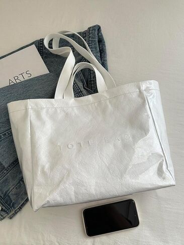 PVC Tote Bag for Women Letter Print Work Tote Bag Clear Plastic Bag Large Kraft Paper Handbag Solid Color Hobo Bag in Kuwait