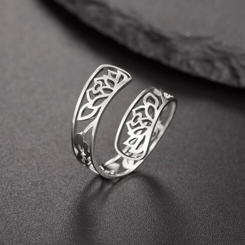 TEAMER Adjustable Lotus Flower Ring Stainless Steel Lotus Flower Ring Elegant Yoga Jewelry Band Ring For Women in Kuwait