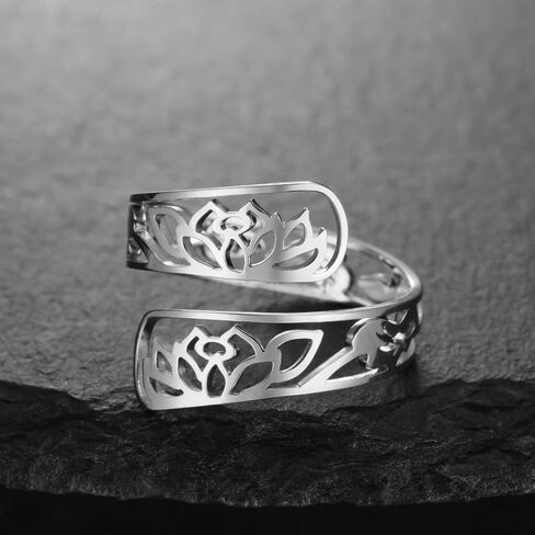 TEAMER Adjustable Lotus Flower Ring Stainless Steel Lotus Flower Ring Elegant Yoga Jewelry Band Ring For Women in Kuwait
