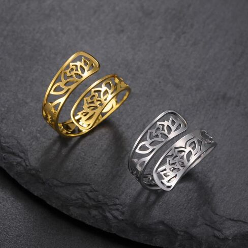 TEAMER Adjustable Lotus Flower Ring Stainless Steel Lotus Flower Ring Elegant Yoga Jewelry Band Ring For Women in Kuwait