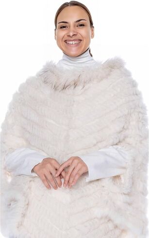 HEIZZI Natural Pullover Knitted Rabbit Fur Poncho With Raccoon Fur in Saudi Arabia