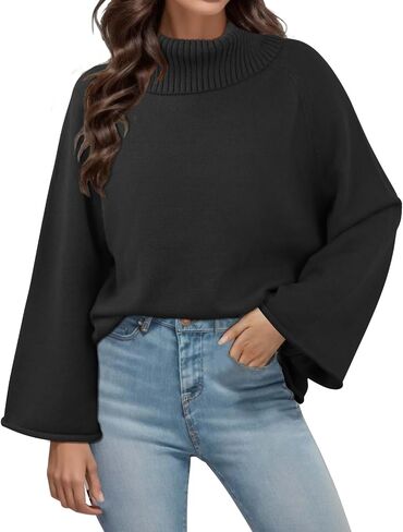 Angashion Womens Turtleneck Pullover Sweaters - Fall Winter Oversized Bell Long Sleeve Ribbed Knit Jumper Tops in Saudi Arabia
