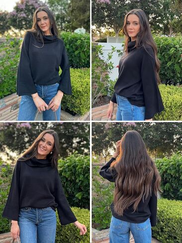 Angashion Womens Turtleneck Pullover Sweaters - Fall Winter Oversized Bell Long Sleeve Ribbed Knit Jumper Tops in Saudi Arabia
