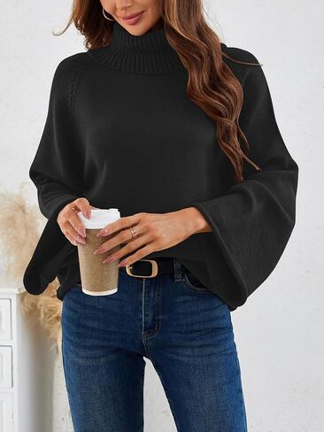 Angashion Womens Turtleneck Pullover Sweaters - Fall Winter Oversized Bell Long Sleeve Ribbed Knit Jumper Tops in Saudi Arabia