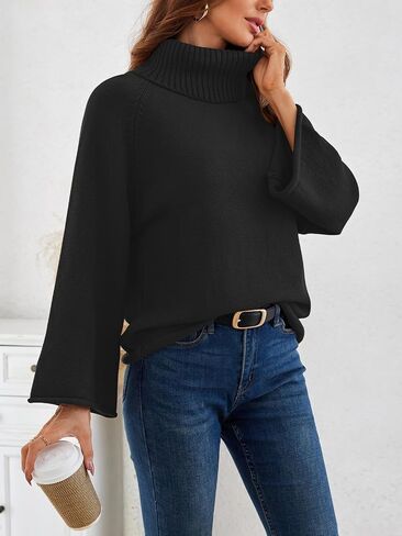 Angashion Womens Turtleneck Pullover Sweaters - Fall Winter Oversized Bell Long Sleeve Ribbed Knit Jumper Tops in Saudi Arabia