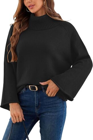 Angashion Womens Turtleneck Pullover Sweaters - Fall Winter Oversized Bell Long Sleeve Ribbed Knit Jumper Tops in Saudi Arabia