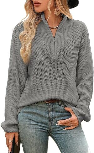 Women's Zipper Sweater 1/4 Zip Polo V Neck Long Sleeve Ribbed Knit Sweater Casual Loose Soft Pullover Tops in Kuwait