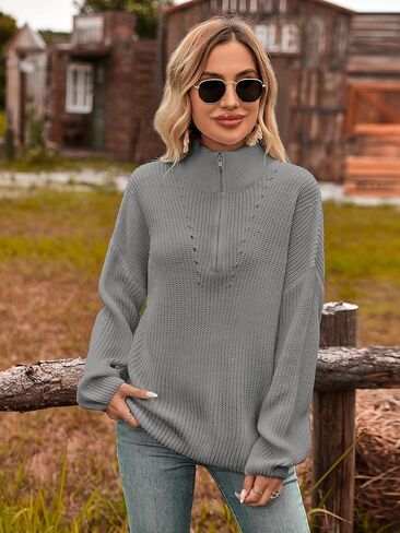 Women's Zipper Sweater 1/4 Zip Polo V Neck Long Sleeve Ribbed Knit Sweater Casual Loose Soft Pullover Tops in Kuwait