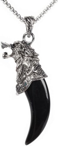 Justinstones Natural Gemstone Wolf Animal Pendant Necklace Retro Wolf Tooth Jewelry Necklace Gift 22 inch in Kuwait