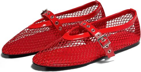 Coutgo Womens Mesh Ballet Flats Mary Jane Fishnet Ballerina Flats Buckle Strap Comfortable Causal Dress Shoes in Kuwait