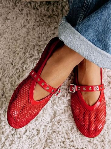 Coutgo Womens Mesh Ballet Flats Mary Jane Fishnet Ballerina Flats Buckle Strap Comfortable Causal Dress Shoes in Kuwait
