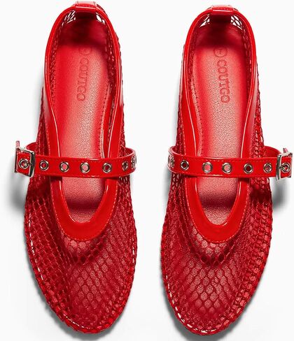 Coutgo Womens Mesh Ballet Flats Mary Jane Fishnet Ballerina Flats Buckle Strap Comfortable Causal Dress Shoes in Kuwait