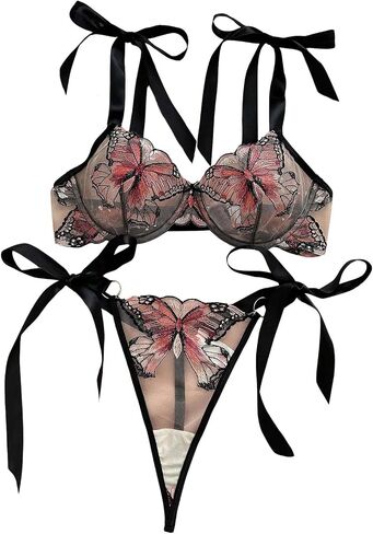 MakeMeChic Women's 2 Piece Lingerie Set Butterfly Embroidery Tie Knot Mesh Sheer Bra and Thongs Set in Saudi Arabia