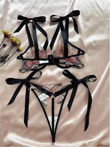 MakeMeChic Women's 2 Piece Lingerie Set Butterfly Embroidery Tie Knot Mesh Sheer Bra and Thongs Set in Saudi Arabia