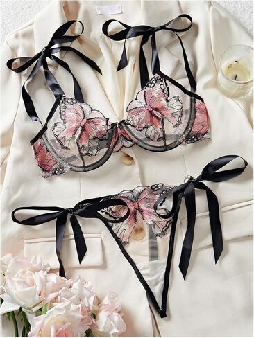 MakeMeChic Women's 2 Piece Lingerie Set Butterfly Embroidery Tie Knot Mesh Sheer Bra and Thongs Set in Saudi Arabia