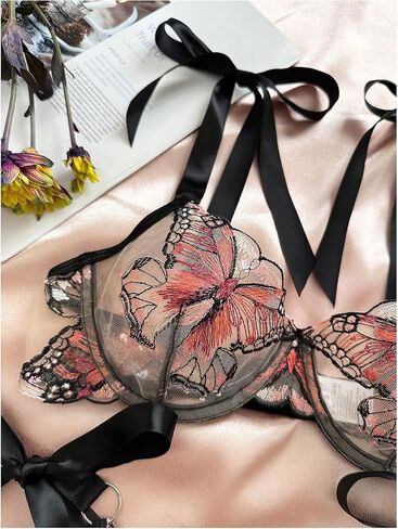 MakeMeChic Women's 2 Piece Lingerie Set Butterfly Embroidery Tie Knot Mesh Sheer Bra and Thongs Set in Saudi Arabia