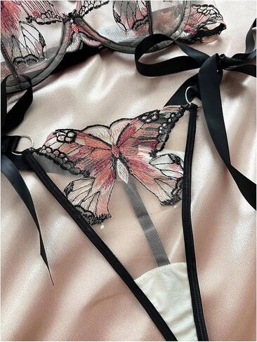 MakeMeChic Women's 2 Piece Lingerie Set Butterfly Embroidery Tie Knot Mesh Sheer Bra and Thongs Set in Saudi Arabia