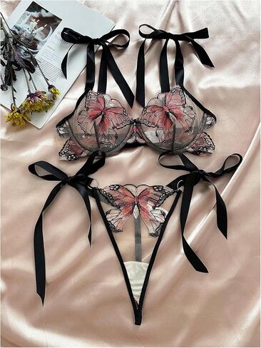 MakeMeChic Women's 2 Piece Lingerie Set Butterfly Embroidery Tie Knot Mesh Sheer Bra and Thongs Set in Saudi Arabia