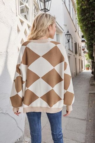 Sumleno Women Y2k Aesthetic Cardigan Sweaters Argyle Long Sleeve Open Front Knit Outerwear Trendy Oversized Fall Tops in Kuwait