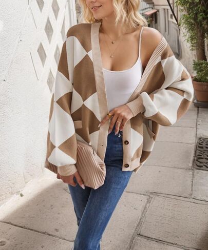 Sumleno Women Y2k Aesthetic Cardigan Sweaters Argyle Long Sleeve Open Front Knit Outerwear Trendy Oversized Fall Tops in Kuwait